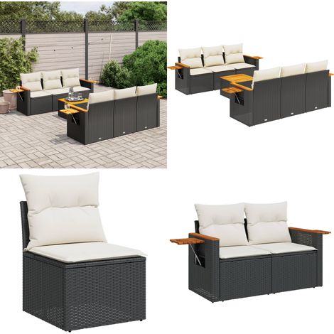 Salon de jardin 7 pcs avec coussins noir résine tressée - Ensemble Salon De Jardin - Meuble Extérieur - Jardin Design - Mobilier De Jardin - Chaise Lounge - Home & Living (1/5)