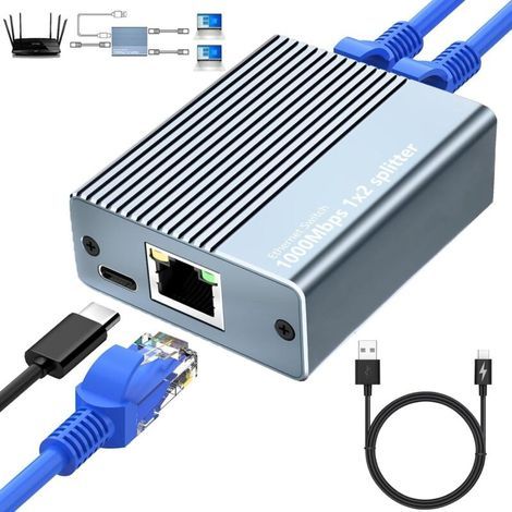 Switch Ethernet 1 à 2, 2 Ports Switch RJ45 Ethernet Splitter Network Switch Ethernet Répartiteur Gigabit Ethernet pour Les Ordinateurs Les Routeurs et Les Décodeurs Télévision Numérique, etc. (1/5)