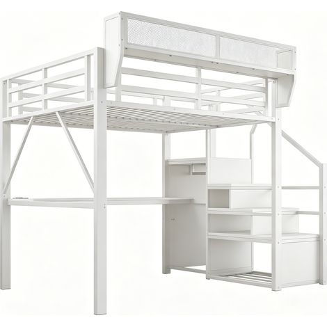 Metall-Hochbett 140 x 200 cm weiß mit Schreibtisch, Sicherheitsleiter und Stauraum (1/5)