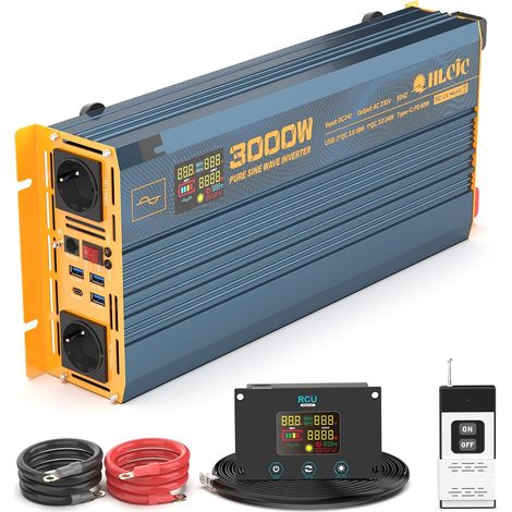 Convertisseur de Tension 3000 W 24 V sinusoïdal Pur 24 V vers 230 V, avec 2 Prises EU, 1 Port USB-C, 3 Charge Rapide USB-A, Affichage LCD pour Camping-Car, Camion, Voiture (1/5)