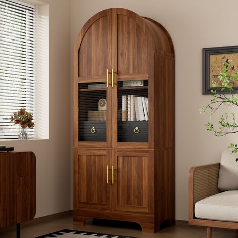 Vitrine haute 76x40x180cm avec éclairage LED, 4 portes et 1 tiroir, façade cintrée en verre, meuble de rangement effet noyer style vintage (1/5)