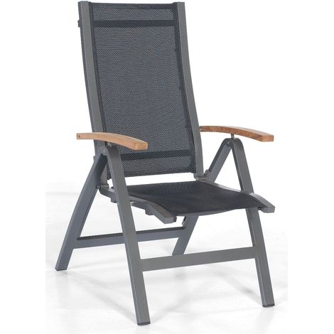 Klappsessel Florida Alu-anthrazit Textil gewebe schwarz Teakholz -Armlehnen Sonne