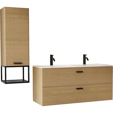 Meuble de salle de bain suspendu strié avec vasque à encastrer, robinet et colonne avec niche - 2 tiroirs - Naturel clair - 120 cm - SARONE (1/5)