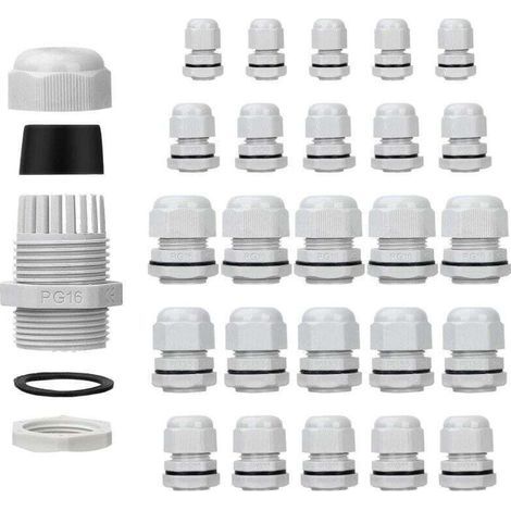 Lot de 25 presse-étoupes étanches - Réglables - PG7 PG9 PG11 PG13.5 PG16 - Connecteurs de cable - écrous de remplissage - Joints en plastique avec rondelle - Blanc - LAOA