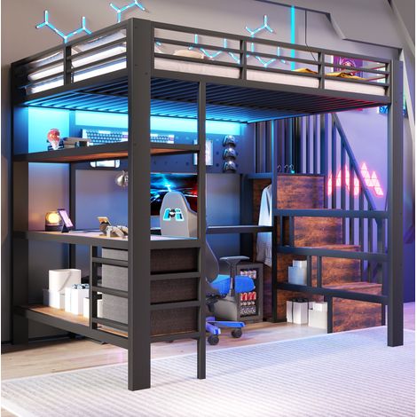 Cama alta de metal negro y MDF de 140x200 cm con escritorio, espacio de almacenamiento, toma de corriente e iluminación LED, somier de láminas incluido. (1/5)