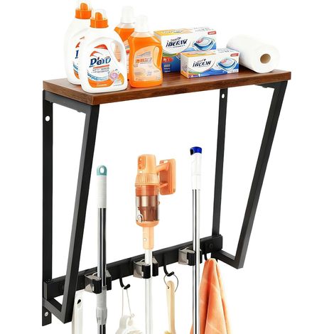 Porte-Balais Mural, 4 Crochets + 3 Pinces, Noir, Porte-Outils Robuste Avec un Compartiment de Rangement, Fixation Par Clous, Porte-Outils de Jardin en Acier Inoxydable (1/5)