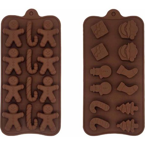 Lot de 2 moules en silicone moule noel silicone pour chocolat, gelée, cire fondue en forme de bonhomme de neige, chaussettes, Père Noël, sapins de Noël et pain d'épices (1/5)