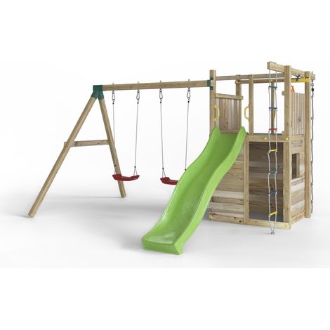 Funni Aire de Jeux Enfant Extérieure – Bois Traité – Toboggan 2,2 m – Balançoire Double – Jusqu’à 9 Enfants – EN 71 (1/5)