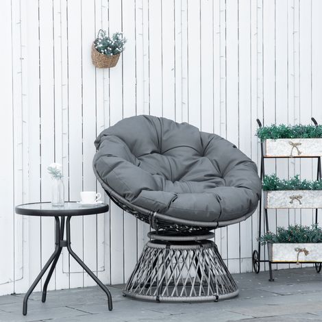 Fauteuil Papasan, fauteuil en osier avec coussin, rotin 360°, gris, L 87 x P 97 x H 86 cm