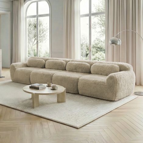 Sofá de 4 plazas de tejido de felpa premium, modular, con cojines, color gris topo claro (1/5)