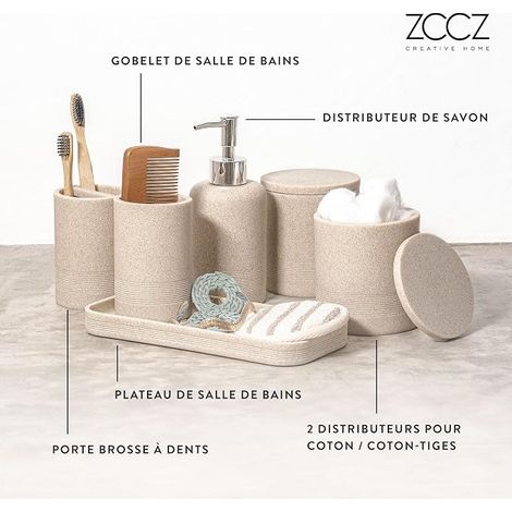 Beige Bathroom Accessories – Bathroom Decoration with Soap Dispenser, Toothbrush Holder, QTip Holders and Tumbler (1/4)