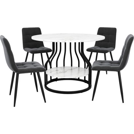 Set da pranzo 5 pezzi con tavolo rotondo 80 cm e 4 sedie in velluto grigio (1/5)