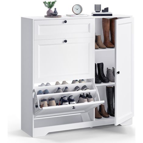 Zapatero de 3 Niveles Bealife Estrecho con 1 Cajón y 3 Puertas Estantes Ajustables y Capacidad para 22 Pares de Zapatos para Entrada Pasillos Dormitorio 100 x 30 x 102 cm Blanco (1/5)