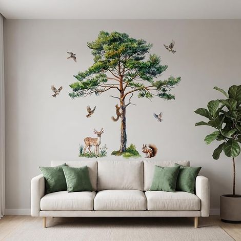 Grand Stickers Muraux, 115 x 112cm Animaux Plantes Arbre Stickers Muraux, Pin Autocollant Mural, Oiseau écureuil Faon Autocollant Muraux, Mural Arts Décoration pour Salon Chambre Bureau (1/3)