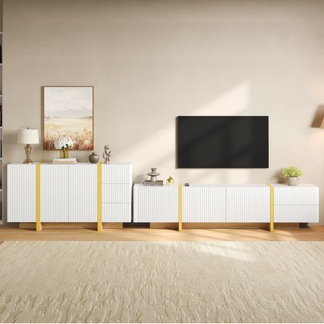 Mobile TV con madia coordinata bianca, set per soggiorno con frontali scanalati senza maniglie, vani e cassetti, struttura in pannello truciolare e MDF FLORAGRACE (1/5)