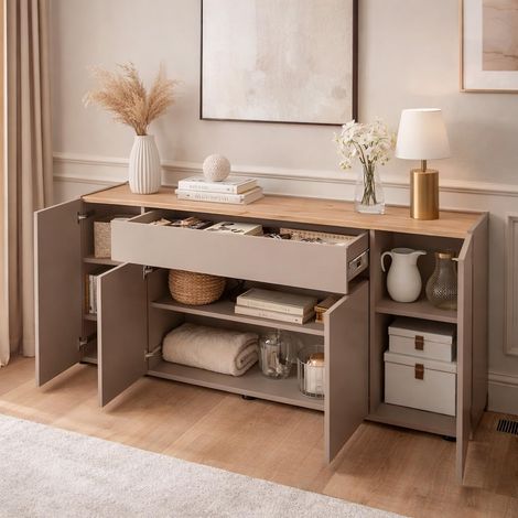 Credenza Moderna Madia In Melaminico Con 4 Ante E 1 Cassetto Mobile Contenitore Sala da Pranzo Soggiorno Design Senza Maniglie Elegante Capiente 170 x 85 x 40 cm Beige - Colore: Congo e Rovere