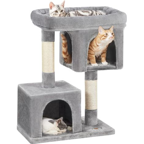 Feandrea Arbre à chat, Tour de Jeux 84 cm, L, Maison pour Chats jusqu’à 7 kg, Grande Plate-forme, 2 Niches, Griffoir, Grise claire