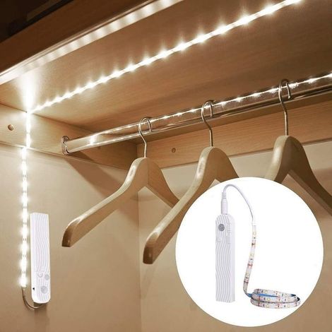 Lampes sous armoire, 3 m/10 pieds LED pour garde-robe, capteur de mouvement, rechargeable par USB, marche/arrêt automatique, intensité variable, veilleuse de placard blanc froid 6000 K pour placard, c (1/5)