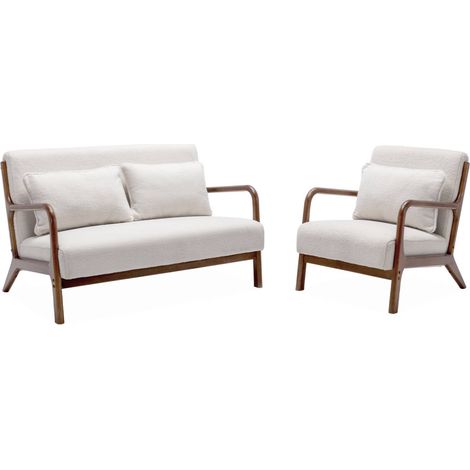 sweeek - 2-Sitzer-Sitzbank + Sessel aus Hevea-Holz mit Bouclé-Bezug, nussbaumfarben