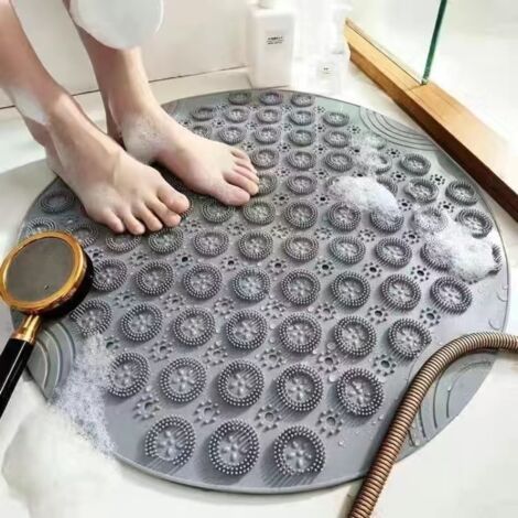 Tapis de bain de massage avec ventouses hydrophobes, tapis de bain antidérapant avec ventouses et trous de drainage (55 x 55 cm, gris).