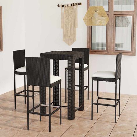 Ensemble Table de bar + 4 Chaises de bar de jardin - Table Haute avec 4 Tabourets et coussins Résine tressée Noir BV126753 - BonneVie (1/5)
