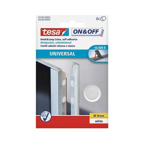 TESA cierre circular velcro 16mm.blanco blister 8 ud , tesa On & Off Círculos de Uso Universal. Cinta adhesiva de cierre de tesa son organizadores domésticos y de escritorio que le (1/2)