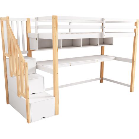 Lit mezzanine enfant avec bureau intégré et étagères 90 x 200 cm blanc et chêne (1/5)