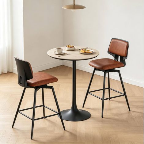 Lot de 2 tabourets de bar 45,5x45,5x89 cm en cuir brun, pivotants, pour cuisine moderne FloraGrace (1/5)