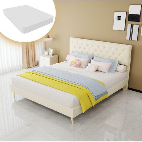 Lit 160x200 avec rangement sous le lit, tissu beige HAVRYA (1/5)