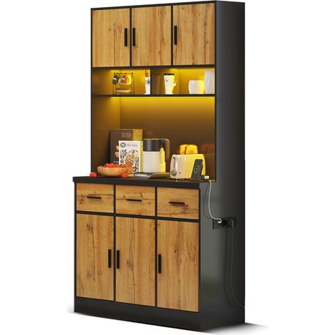Aparador alto de cocina 100x40x180 cm con LED, 3 cajones, 6 puertas y enchufes HOMVRA (1/5)