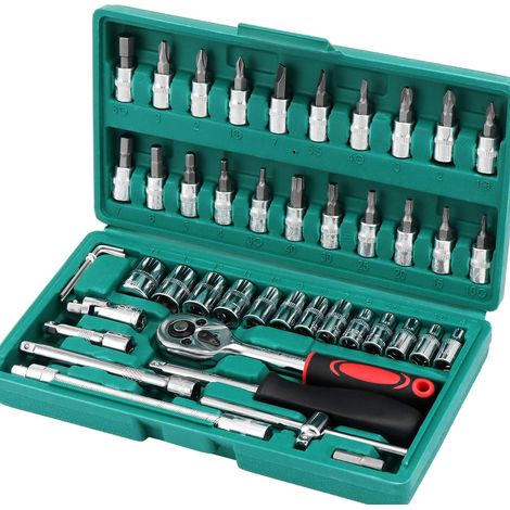 Coffret de 46 douilles 1/4" avec rallonges et cliquet à dégagement rapide pour moteur de voiture ou de moto (1/5)