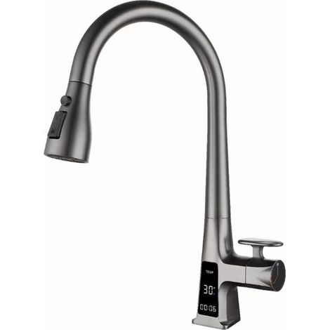 Kitchen faucet with LED digital display, brass sink faucet with pull-out spray head, single-handle kitchen sink faucet with 3 modes and 360-degree swivel spout, bronze grey (1/4)