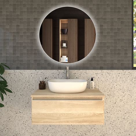 Meuble de salle de bain 1 tiroir avec vasque à poser arrondie - bambou (chêne clair) - PENA et miroir Led SOLEN - 80cm (1/5)