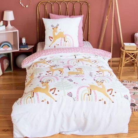 Parure de lit enfant - COTE DECO - 140x200 cm - Réversible - Motif biche - Microfibre douce (1/4)