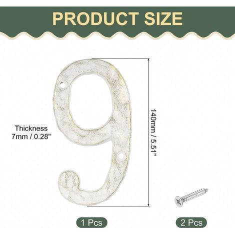 Numéro de maison chiffre 9, plaque en fonte 140 x 7 mm, numéro de rue, numéro de porte pour bureaux, boîtes aux lettres, garages - or blanc (1/4)