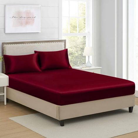 Drap Housse 160x200cm Vin Rouge Satin Bonnet 30 cm Microfibre Motif Parure Drap de lit Soie Drap-Housse 160 x 200cm Uni Lisse Respirant pour Matelas Épais,Grand Bonnet 160 x 200 x 30 (1/5)
