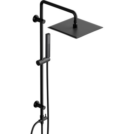 Görbach Duschsystem ohne Armatur für vorhandene Armatur, Eckige 25 x 25 cm Regendusche aus Edelstahl, Flexible Wandhalterungen, Schwarz Matt (1/5)