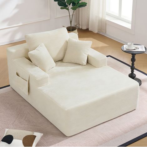 Divano letto in velluto a coste, tasche laterali, cuscino schienale e 2 cuscini decorativi, beige (1/5)