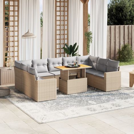 Ensemble Salon Jardin 10 Places Résine Tressée Beige avec Coussins Gris Modulable Table Acacia Réglable (1/3)
