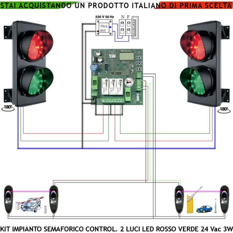 Semaforo Parcheggio Garage Orientabile 180° Kit 2 Semafori 24 Led Rossi 24 Led Verdi IP65 Alimentazione 24 Vac 3W CE Funzioni Gestite da Fotocellule Tempi Regolabili da 8 a 120" Traffico Condominio (1/4)
