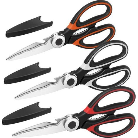Juego de 3 tijeras de cocina multifuncionales con hojas de acero inoxidable en colores rojo, negro y naranja (21 cm). (1/5)