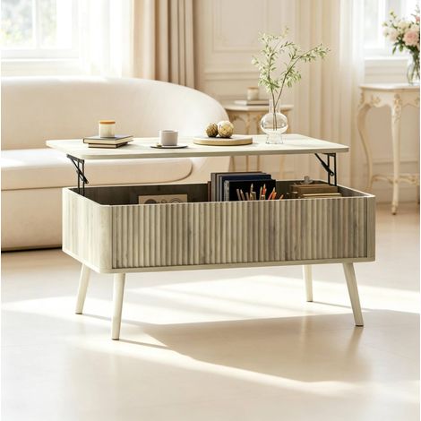 Höhenverstellbarer Couchtisch 91x56x43 cm aus MDF, Eichefarben, mit Stauraum – MEUBLIV (1/5)