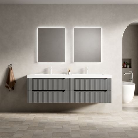 160cm schwimmender Badezimmer-Waschtisch mit 2 Integrierten Unterbauwaschbecken aus verdicktem Kunststein, gestreifter Sperrholzschrank mit 4 Schubladen, vormontiert, Dunkelgraue Farbe