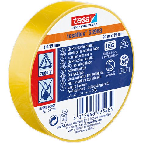 Ruban d'isolation électrique Tesa SPVC ELECTRICAL en PVC Jaune 20m x 19mm x 0.15mm ( Prix pour 1 )
