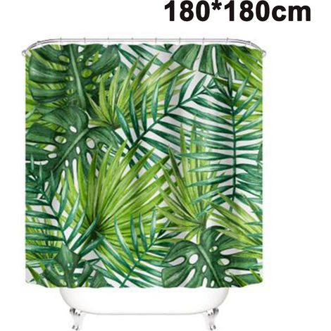 Rideau de douche tropical, ensemble de rideaux de salle de bain en tissu à feuilles de bananier vert avec crochets, décoration de salle de bain lavable en machine (1/4)
