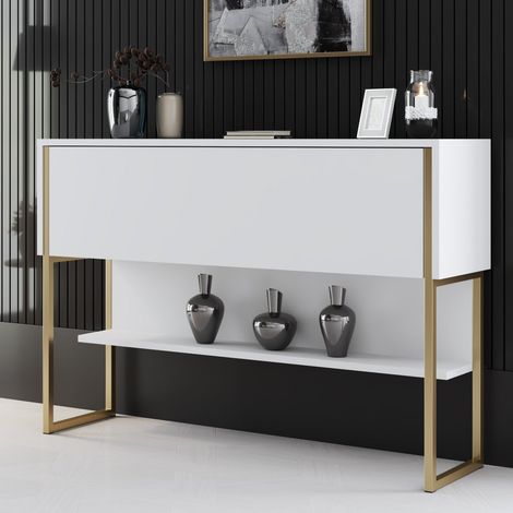 Modern Kommode Weiß Luxus 120x80x30 - Goldrahmen - Ein Fach