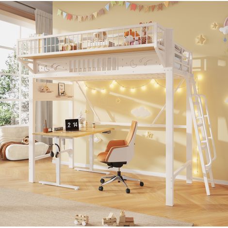 Cama alta infantil de 90x200 cm en metal, con espacio de almacenamiento y escalera reversible, estructura estable - blanco (1/5)