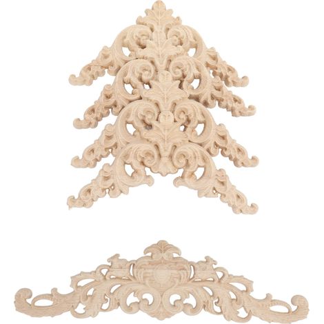 Lot de 5 appliques décoratives en bois d'hévéa sculpté : 4 appliques d'angle et 1 longue applique pour portes de placard, lits, armoires et meubles. (1/5)