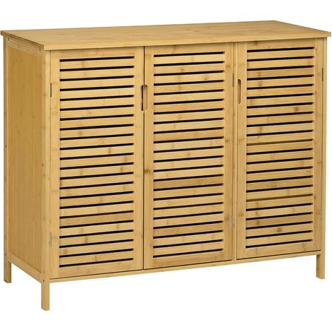 Meuble à Chaussures en Bambou Style Naturel avec 3 Portes Ajourées et Étagères, Armoire à Chaussures, Dimensions 100L x 35l x 80H cm, Bois Naturel (1/5)