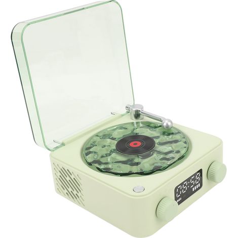 Platine vinyle vintage avec enceinte Bluetooth, 4 modes, portable, sans fil, stéréo, avec horloge et veilleuse douce, idéale pour la maison ou la chambre (vert). (1/5)